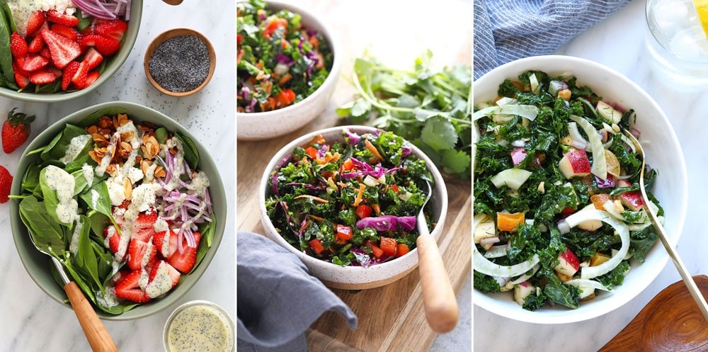 Lighten up your week with one of these delicious green salad recipes! Strawberry spinach salad, healthy asian salad, and massaged kale fennel salad.