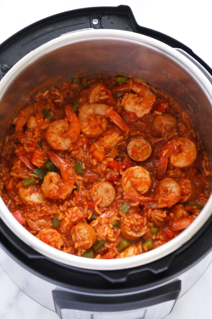 Finished jambalaya in an Instant Pot with shrimp and andouille sausage.