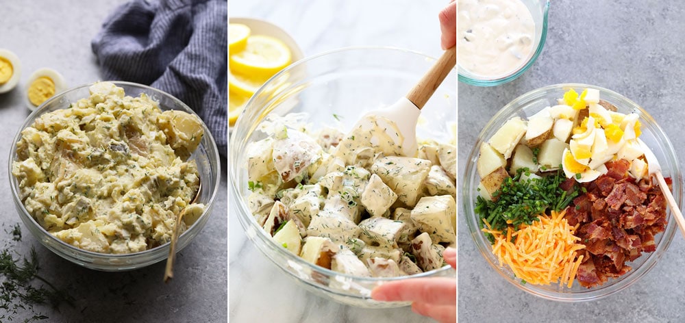 These potato salad recipes are three of our favorite bbq side dishes! Instant Pot potato salad, vegan potato salad, loaded baked potato salad.