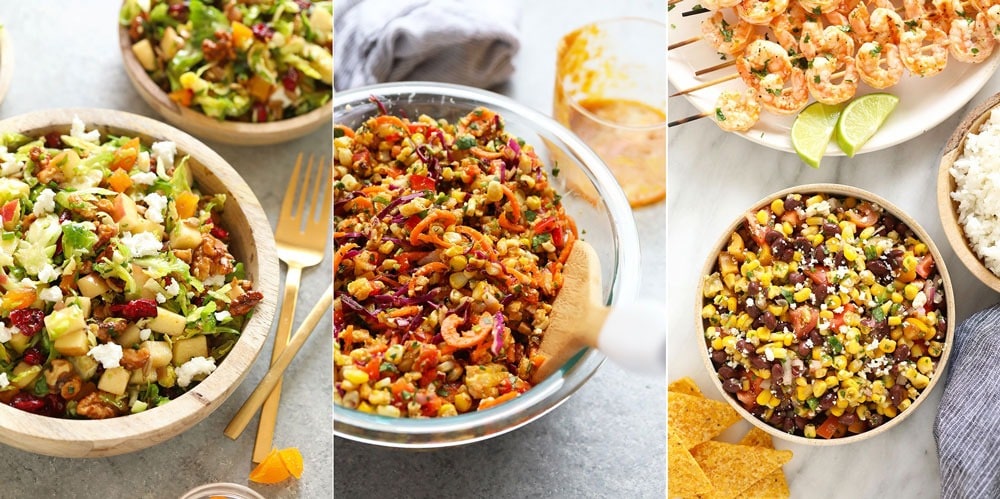 No greens, no problem! These veggie based salads are delicious and the perfect way to get your veggies in for the day! Brussel sprout salad, thai corn salad, black bean and corn salad