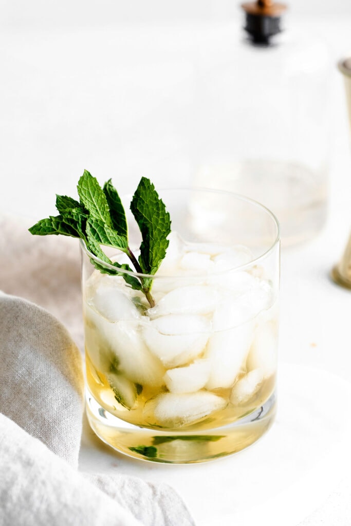 mint julep in a low ball glass garnished with fresh mint