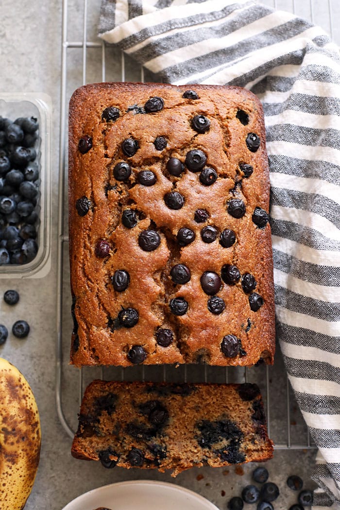 banana bread loaf on a cooling rack