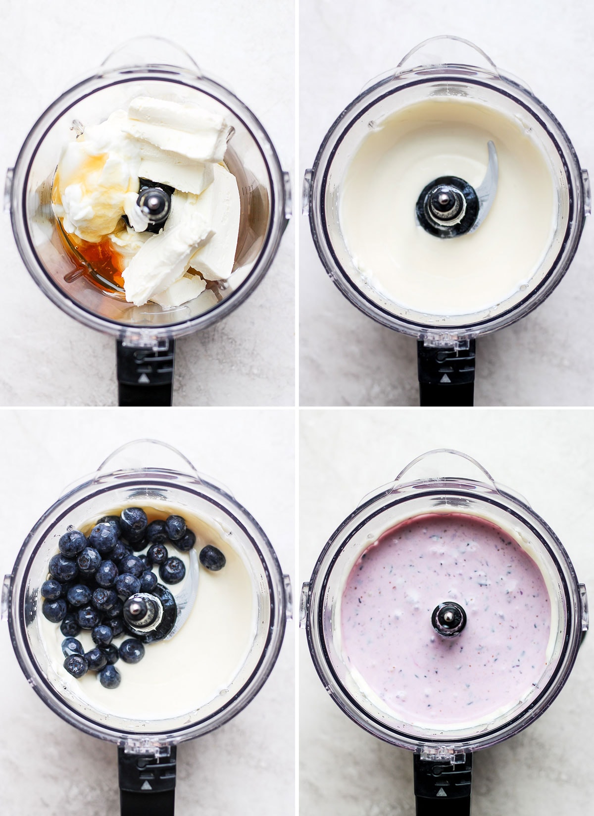 These Blueberry Cheesecake Bars are the perfect summer treat! Equal parts tart and sweet, and paired with a delicious graham cracker crust. Enjoy! blueberry cheesecake bar filling in a food processor ready to be blended