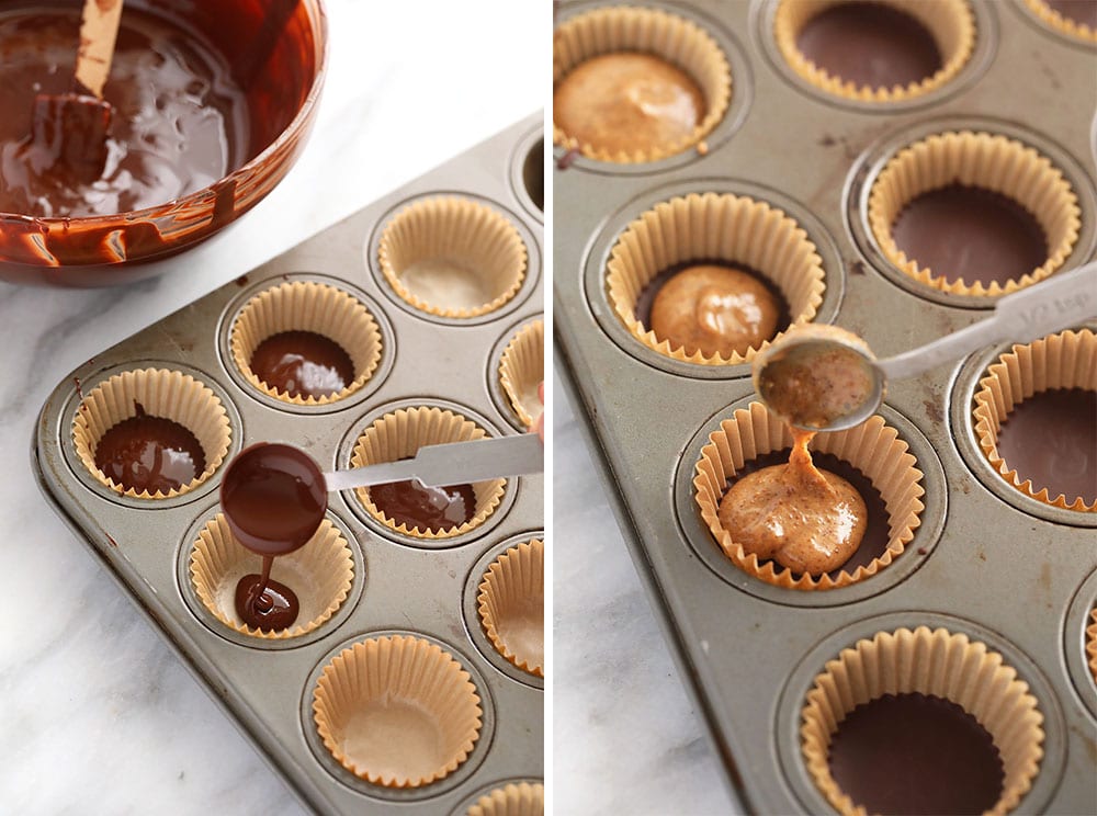 Homemade almond butter cups are a simple dessert that will satisfy your sweet tooth craving! Plus, these almond butter cups are topped with flakey sea salt. almond butter cups in muffin tin