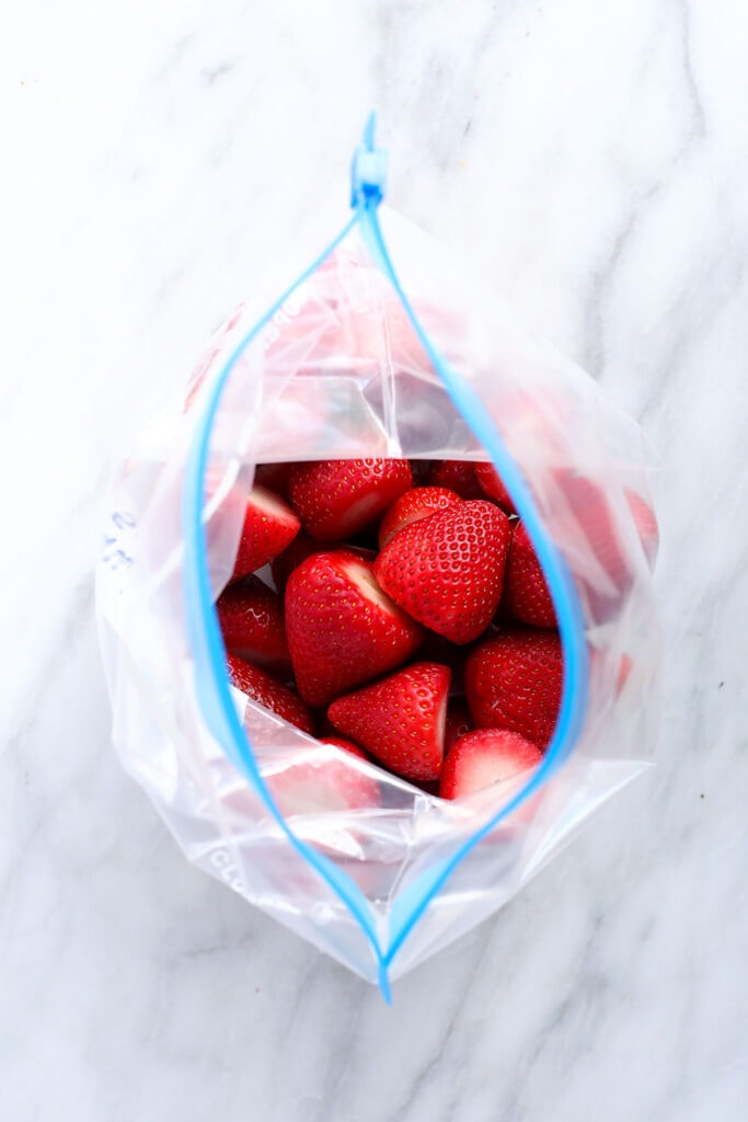 A bag of frozen strawberries.