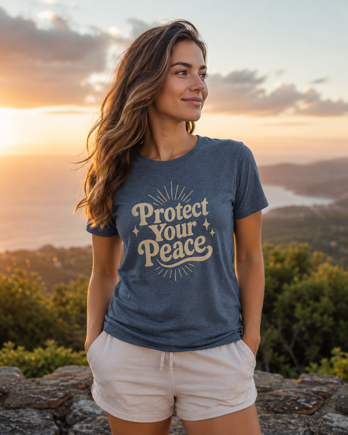 Woman wearing the Protect Your Peace tee from the Power of Positivity store