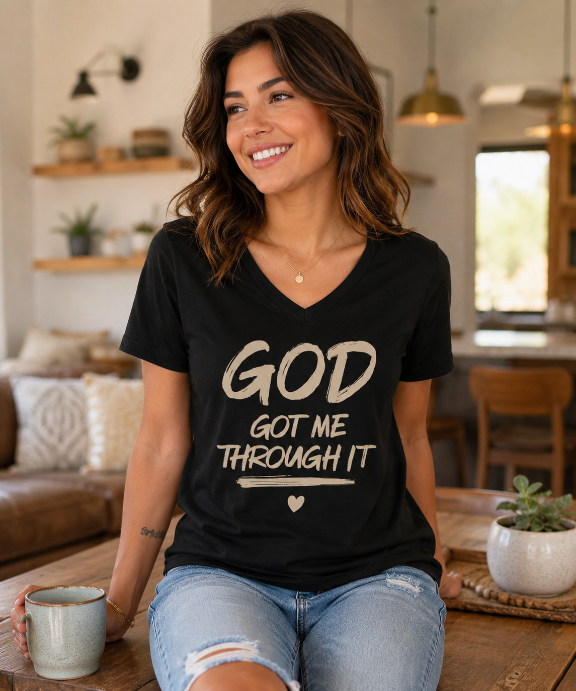 God Got Me Through It V-Neck Tee from the Power of Positivity shop